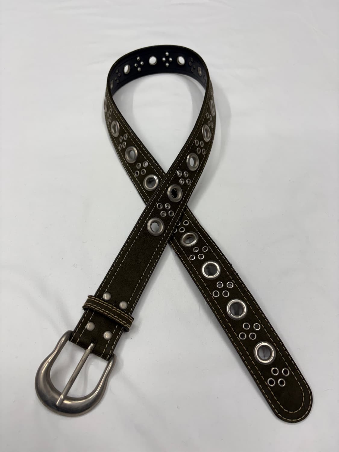 빈티지 펀칭 아일렛 카키 웨스턴 레더 벨트 상품이미지3