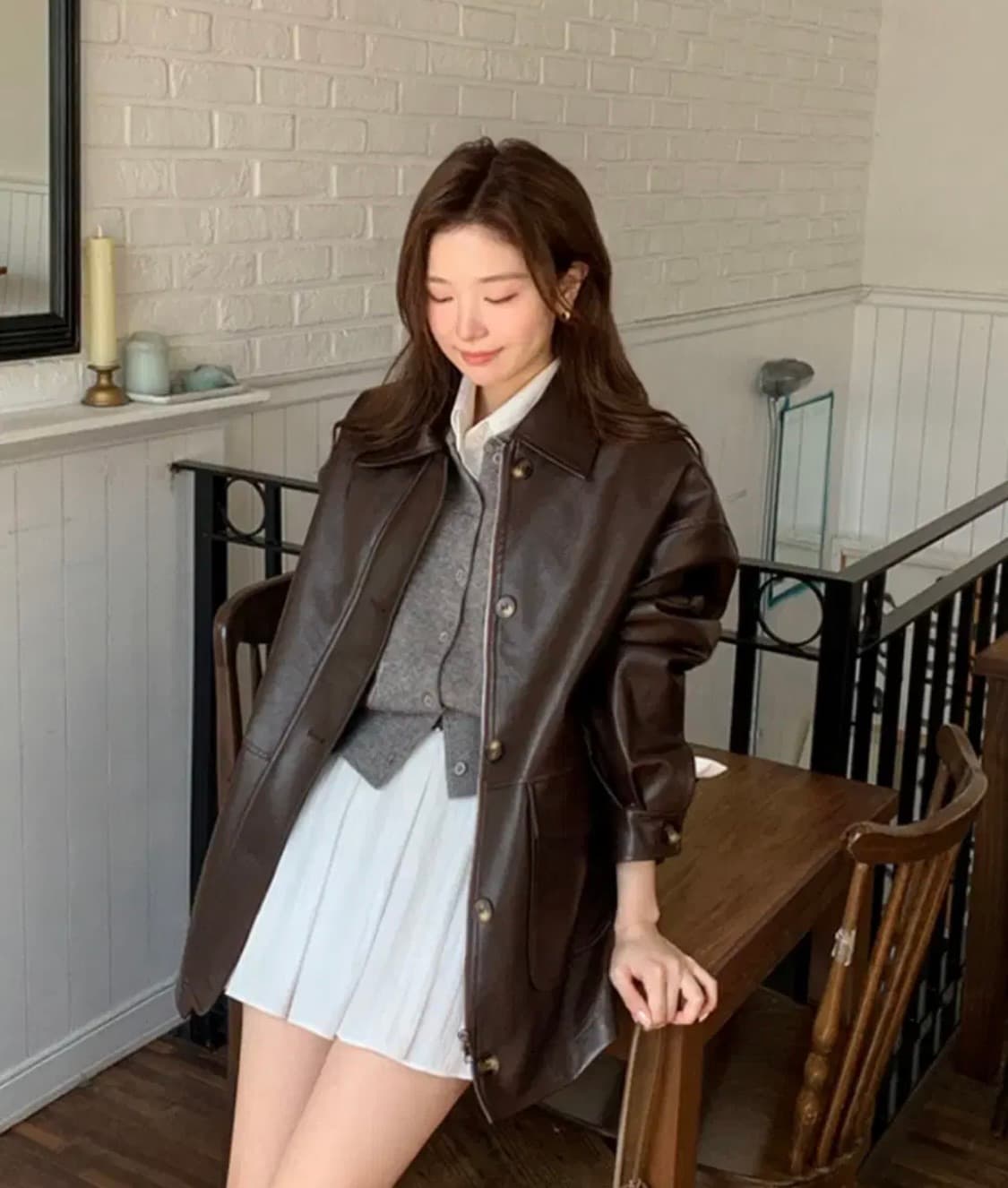 카라 포켓 하프 레더 자켓 브라운 상품이미지1