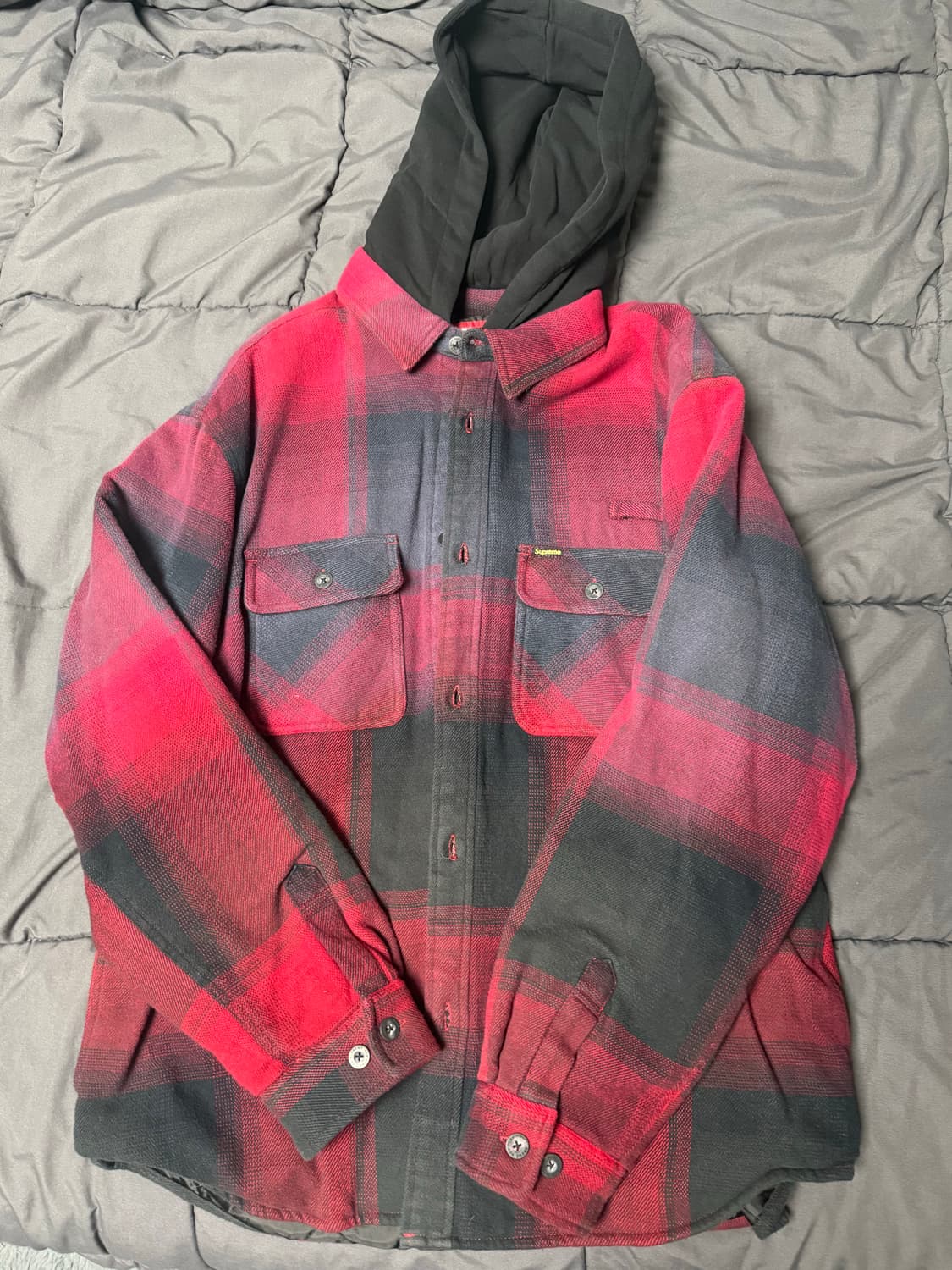 ( 1회 착용 L )슈프림 퀼티드 라인드 후드 플란넬 셔츠 레드 플레이드 상품이미지2