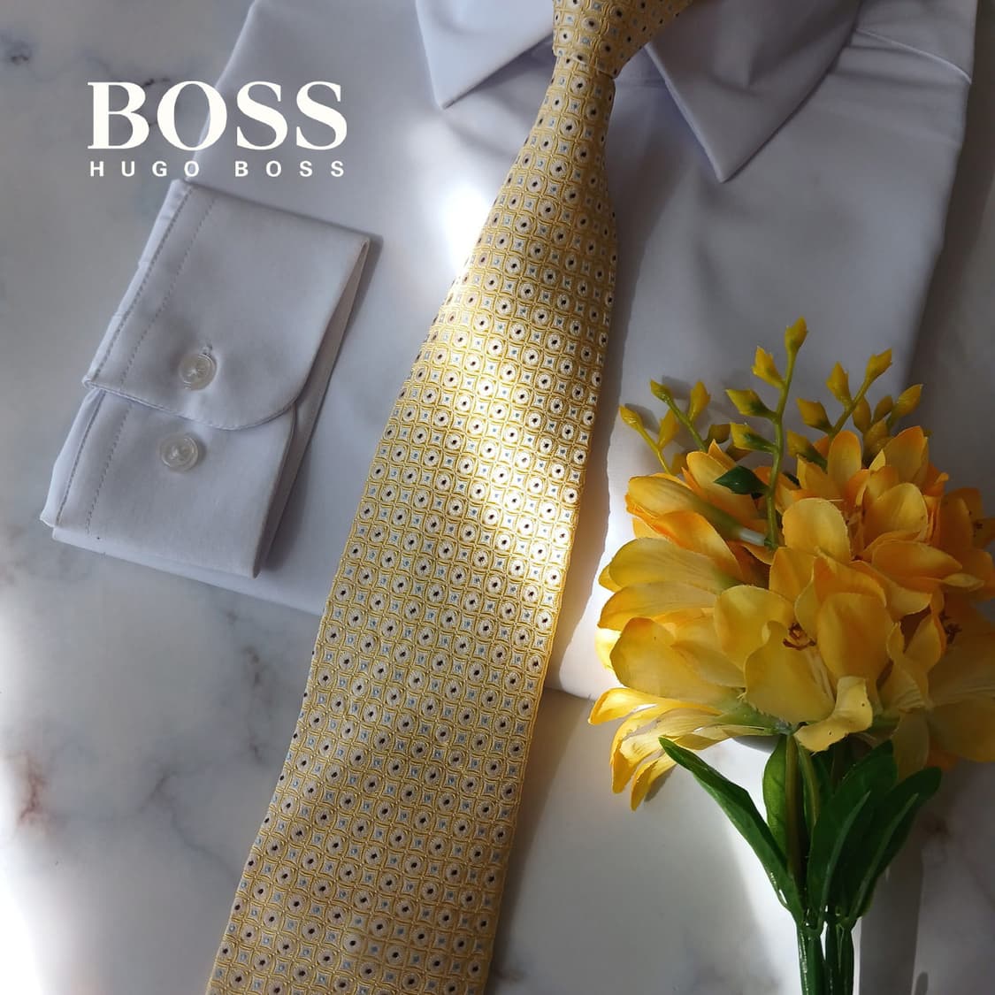 휴고보스 실크 옐로 지오메트릭 패턴 넥타이 8.6cm A등급 A18852 상품이미지1