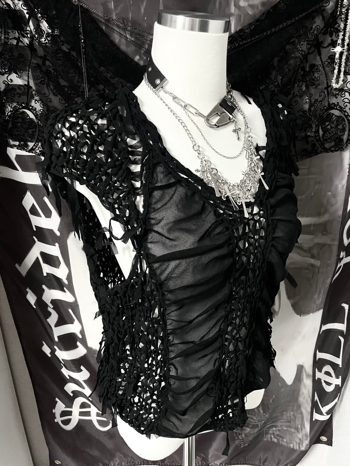 Gothic Vkei 쉬어시스루셔링 그물그런지블라우스탑 아방가르드펑크핀터 상품이미지3