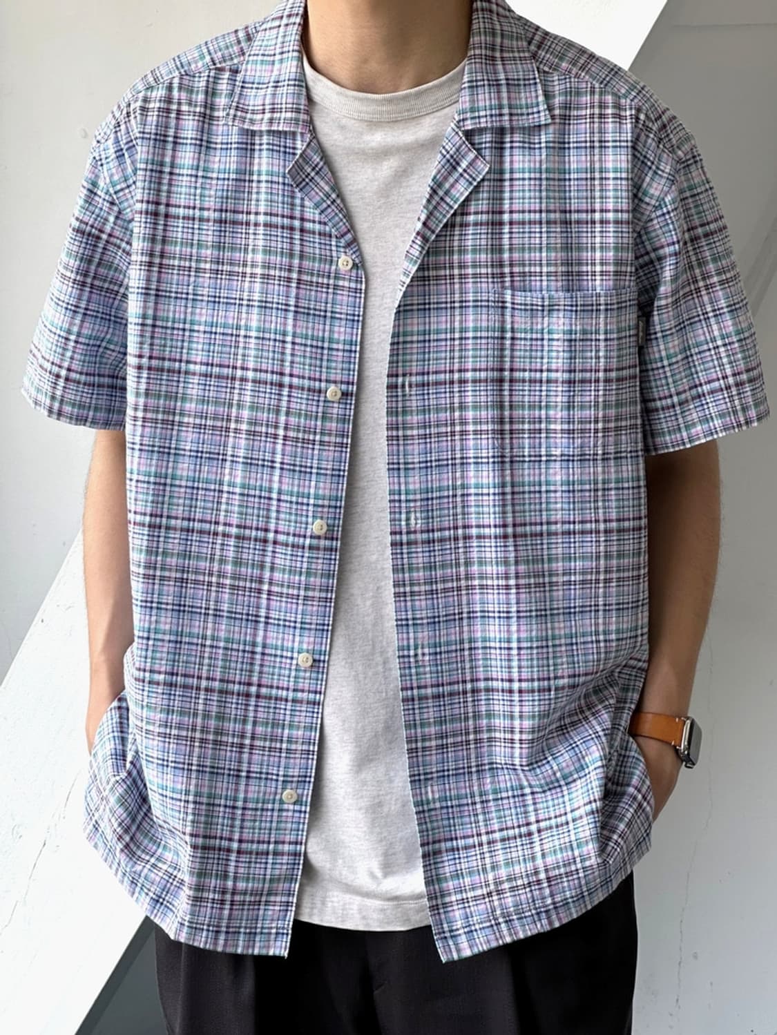 Cotton suker wrinkled open collar H/S sh 상품이미지10