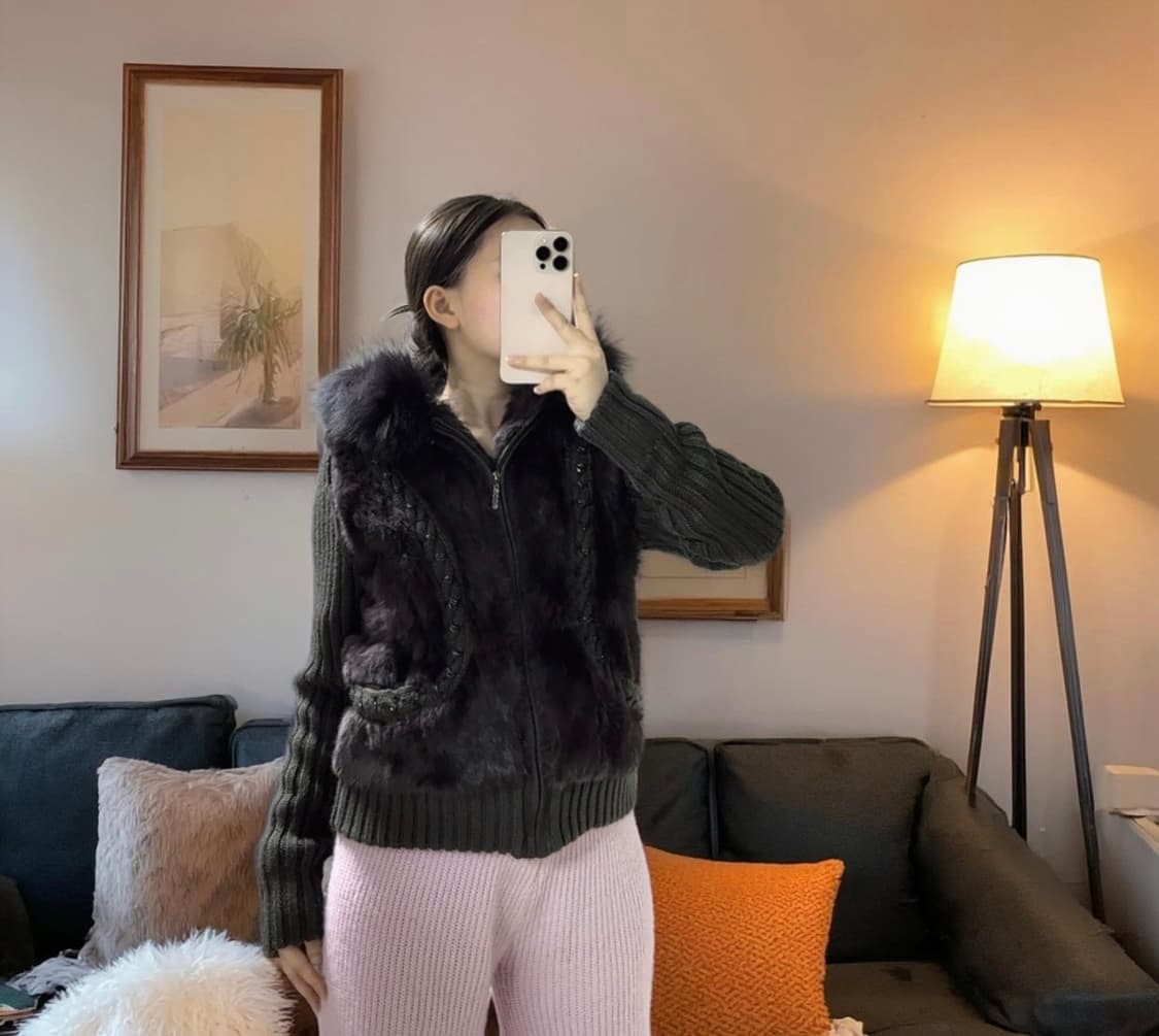 빈티지 그레이 폭스퍼후드 토끼털 꽈배기 비즈 니트자켓 후드집업 상품이미지5