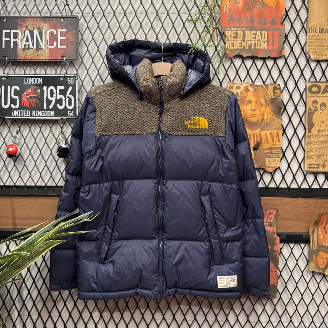 노스페이스 해리스 트위드 패널 다운 패딩 후드 자켓 네이비 브라운 상품이미지1