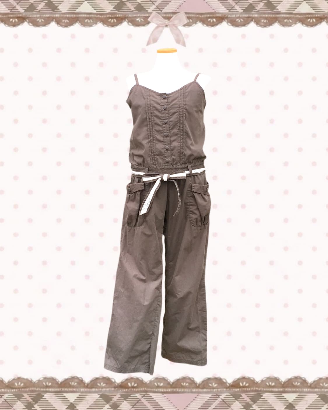 카키 리본 슬리브리스 점프수트 상품이미지1