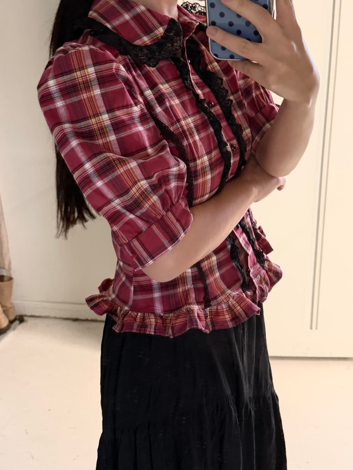 일본빈티지 그런지 체크레이스 블라우스 상품이미지1