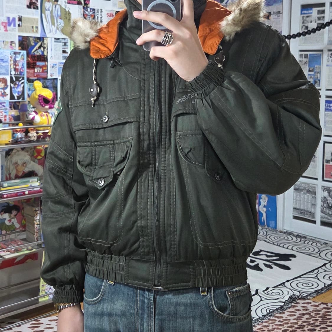 JPN 밀리터리 퍼 후드 카키 누빔 점퍼 상품이미지1