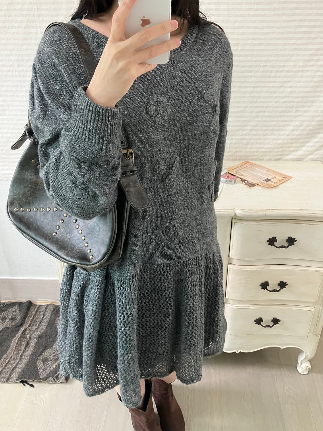 jpn vintage 차콜 플라워 패턴 펀칭 레이스 니트 원피스 y2k  상품이미지2