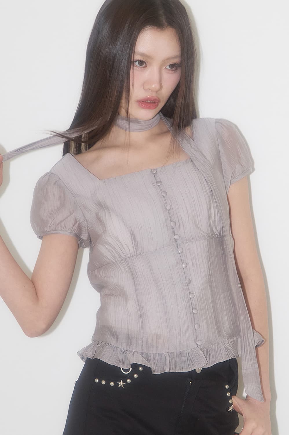 일리고 리본 타이 스퀘어넥 블라우스 그레이 S 상품이미지1