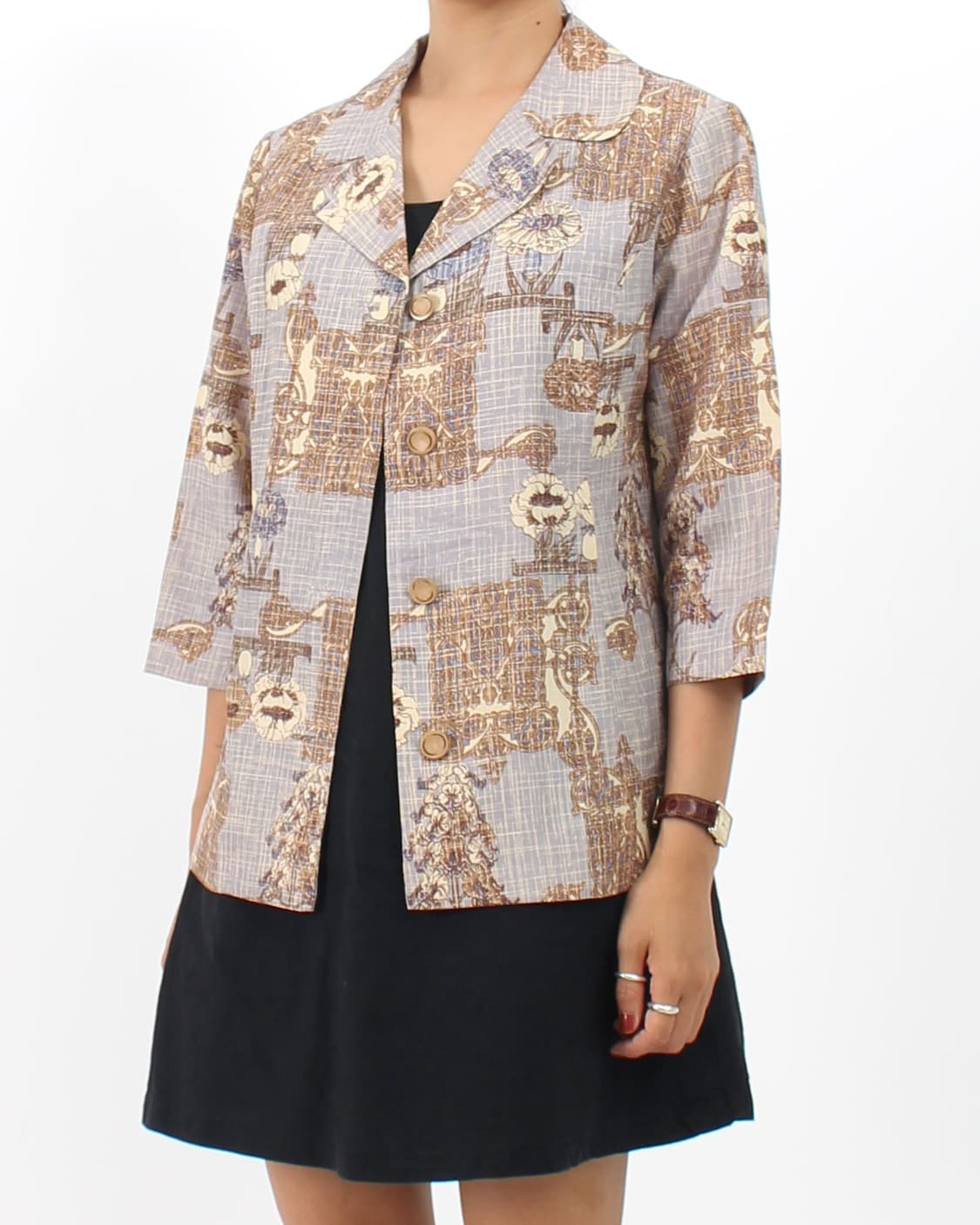 일본 빈티지 퍼플 플라워 체크 패턴 7부 소매 블라우스 상품이미지5