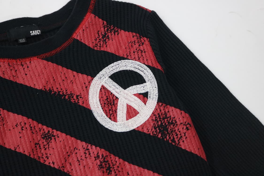 SAUCY 빈티지 펑크 스트라이프 피스 마크 와플 티셔츠 (150) 상품이미지4