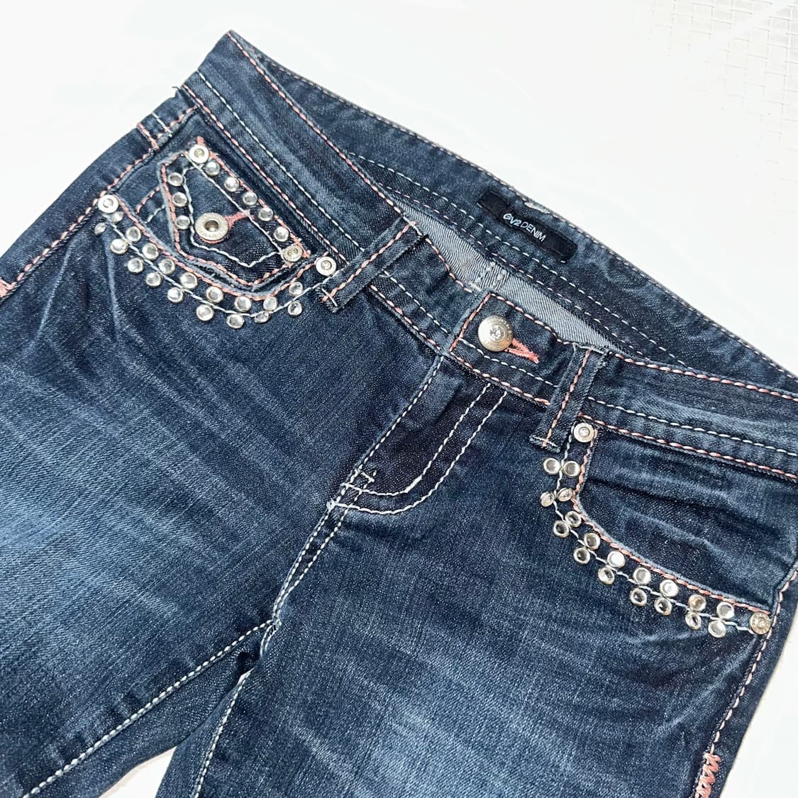 Vtg Y2k 오네갸루 핑크 큐빅 진청 로우 세미 부츠컷 상품이미지4