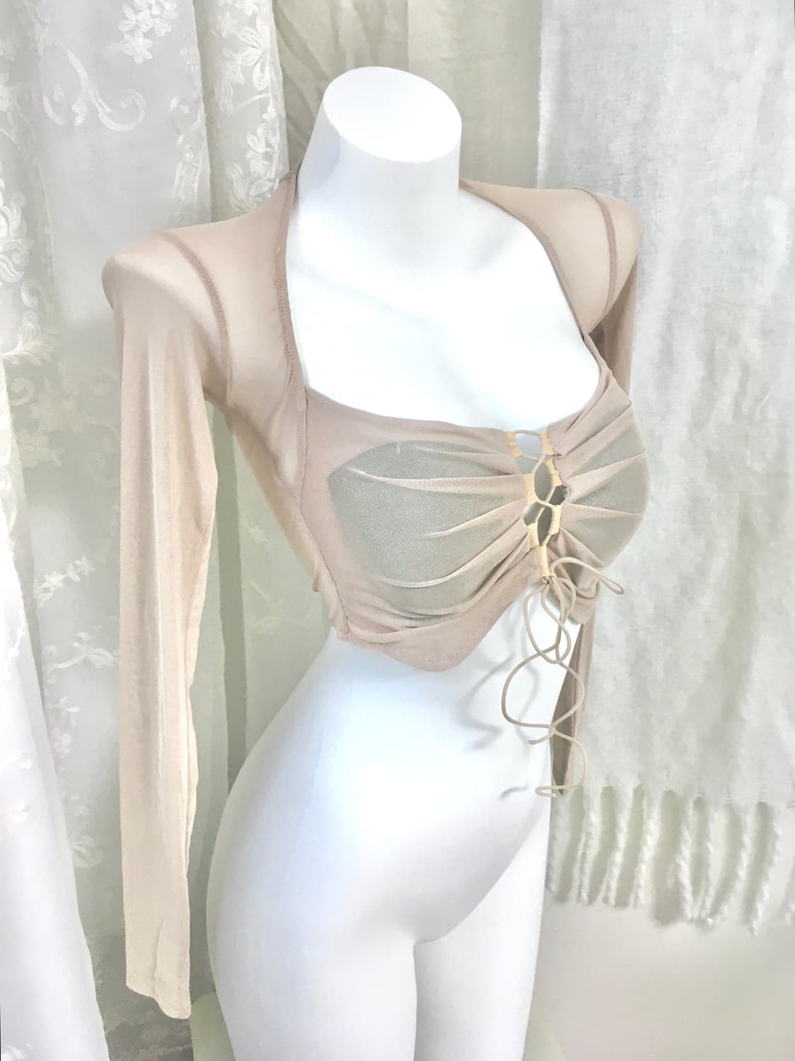 베이지 셔링 시스루 크롭 롱슬리브  상품이미지3