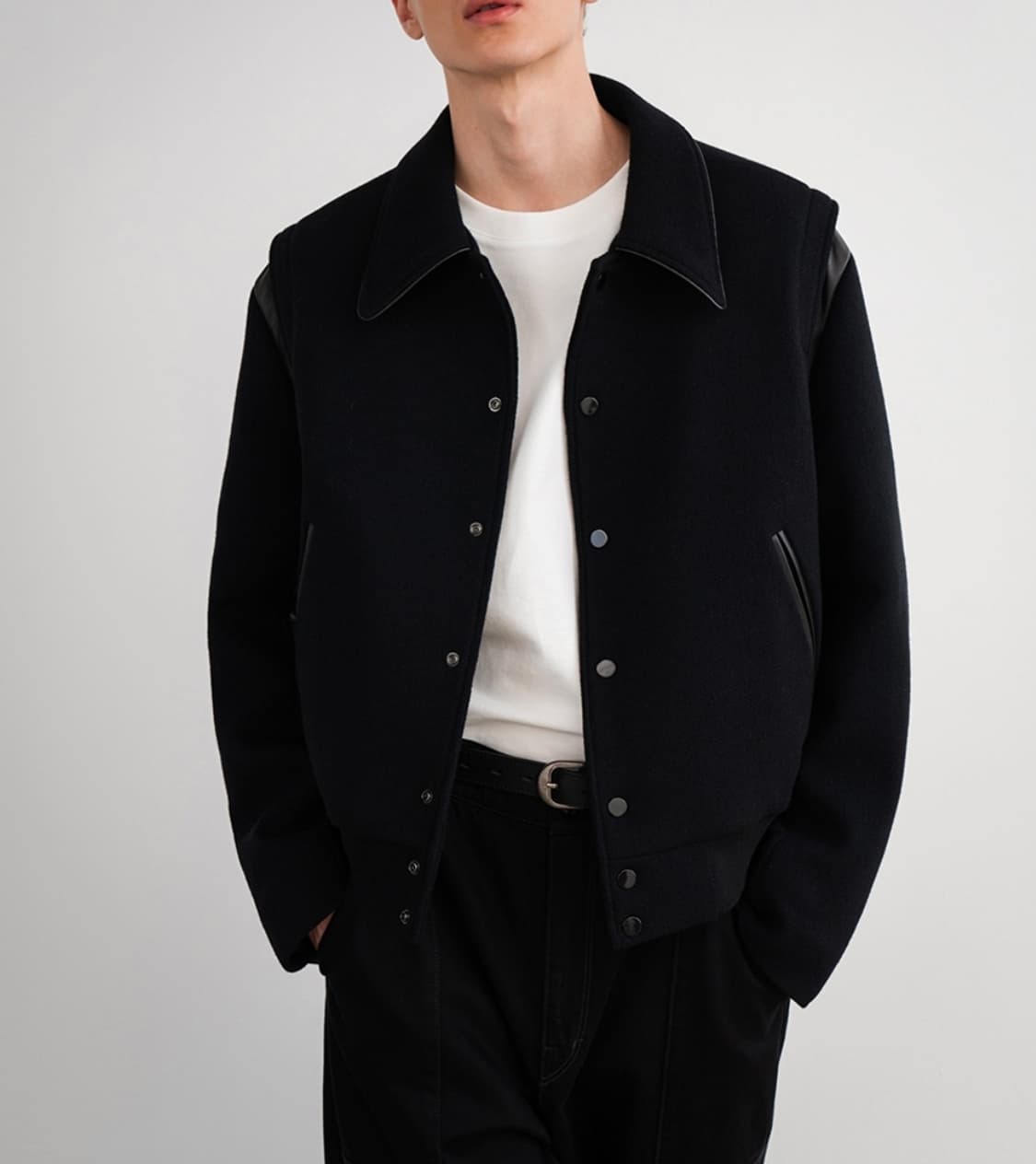 인사일런스X도프제이슨 레더 믹스 울 바시티 자켓 상품이미지3