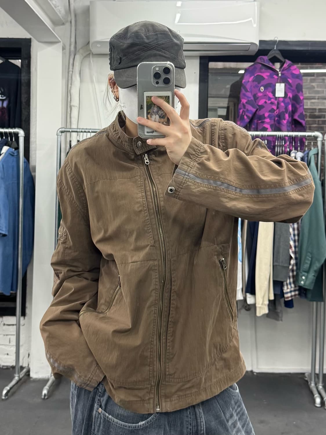 VTG 넥버튼 브라운 코튼 바이커 자켓 상품이미지1