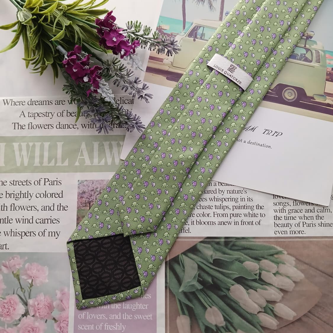 루이까또즈 실크 그린 플로럴 패턴 넥타이 8.6cm A+등급 A18752 상품이미지4