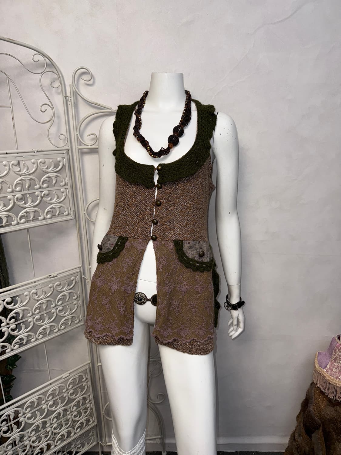 Pink brown bohemian floral knit vest 상품이미지4