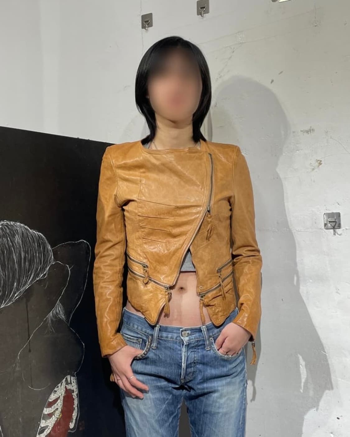 일본빈티지 양가죽 지퍼 디테일 펑크 크롭 레더 자켓  M 상품이미지1