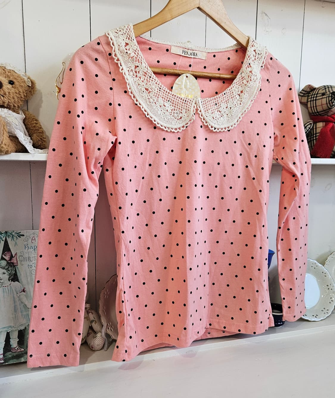 핑크 도트 레이스 카라 블라우스 상품이미지2