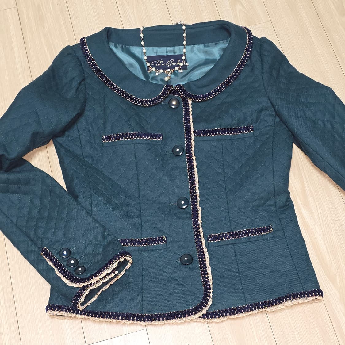 Toi et Bonbon 일본빈티지) 다크그린 고딕퀼팅 양산형 트위드자켓 상품이미지4