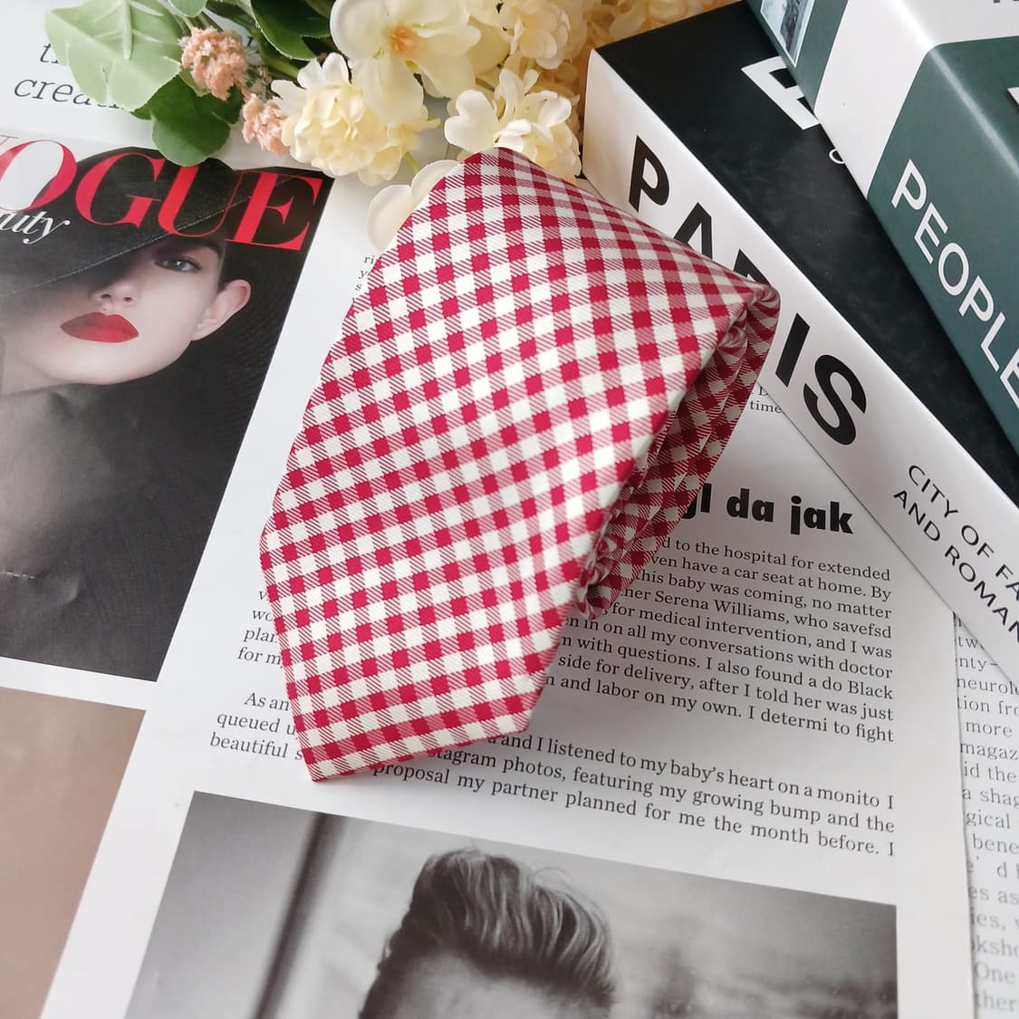 타미 힐피거 실크 레드 체크 패턴 넥타이 7cm A등급 E884 상품이미지4