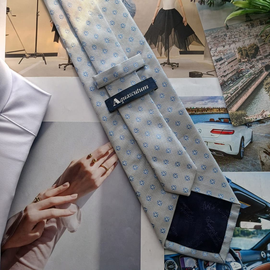 아쿠아스큐텀 실크 베이지&블루 패턴 넥타이 9.5cm A등급 A18643 상품이미지4