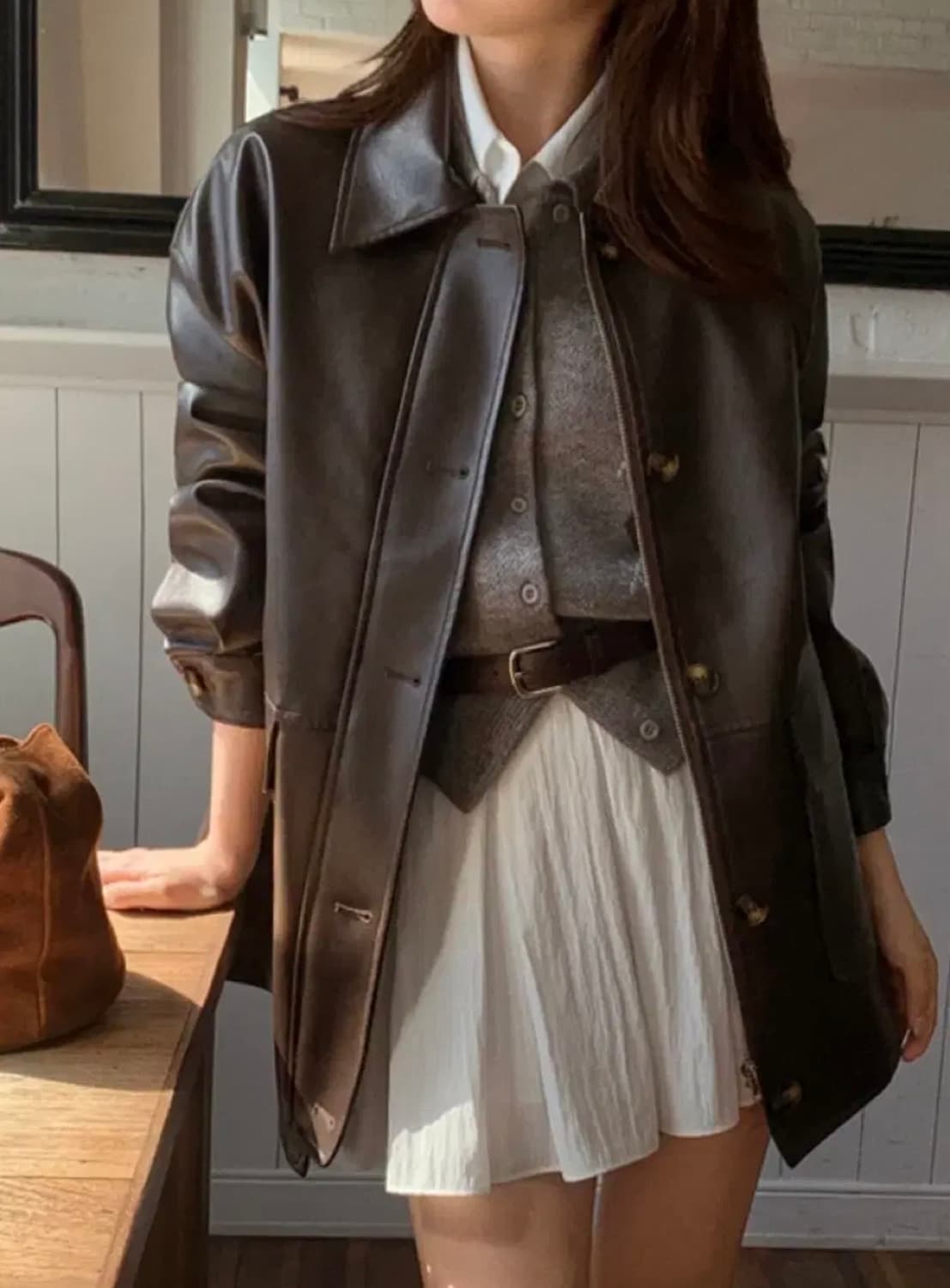 카라 포켓 하프 레더 자켓 브라운 상품이미지2