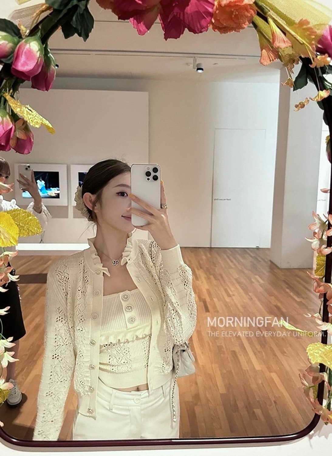 MORNINGFAN 플리터 커스텀 레이스 니트 슬리브리스 탑 가디건 투피 상품이미지7