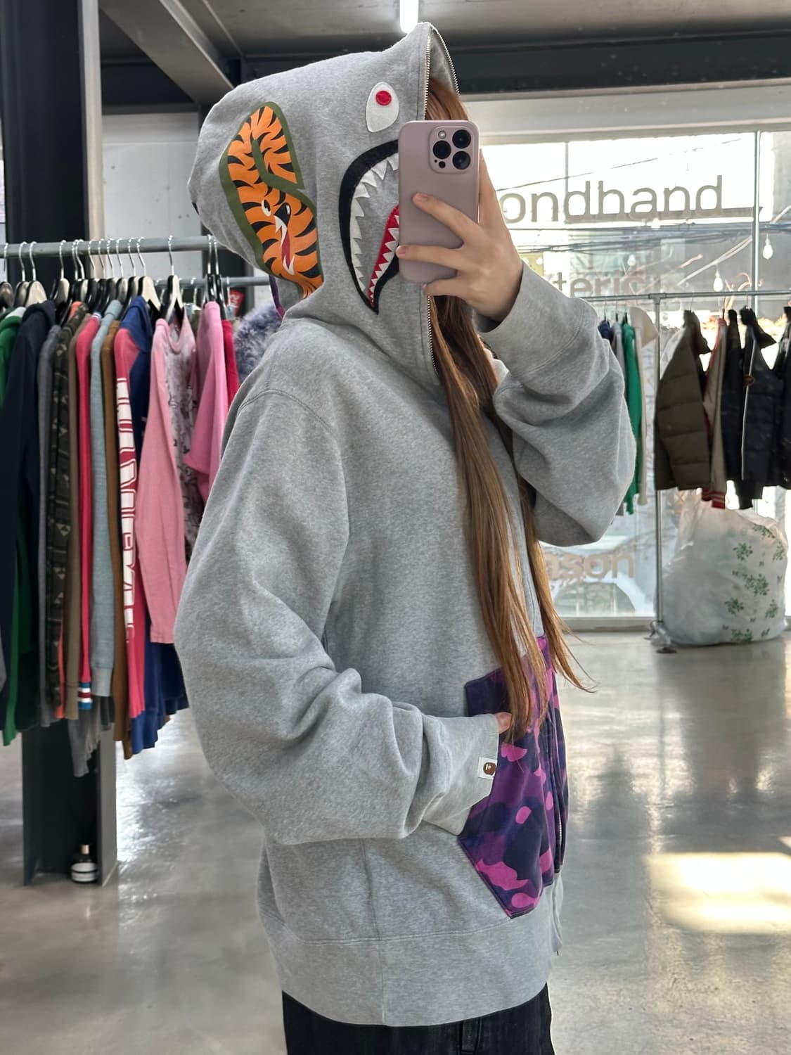 베이프 샤크 카모 풀 후드집업 그레이퍼플 상품이미지4