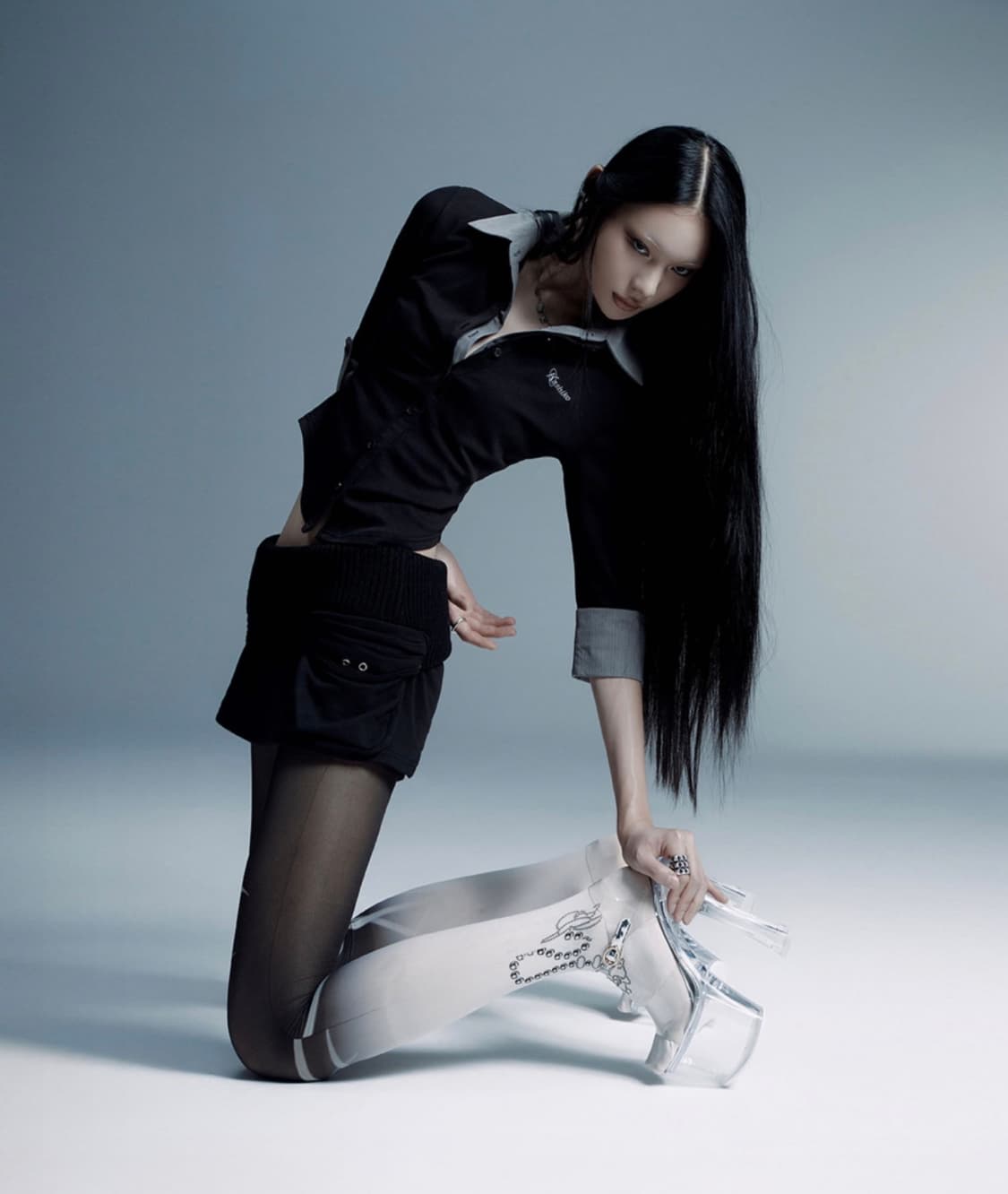 카시코 더블 칼라 슬림 셔츠 블랙 상품이미지2