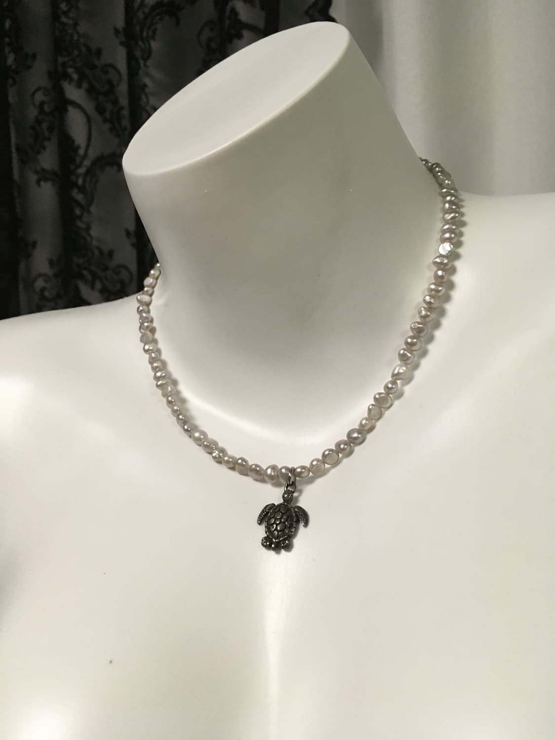 Vintage 거북이 팬던트 다크 실버 진주 네크리스 목걸이  상품이미지2