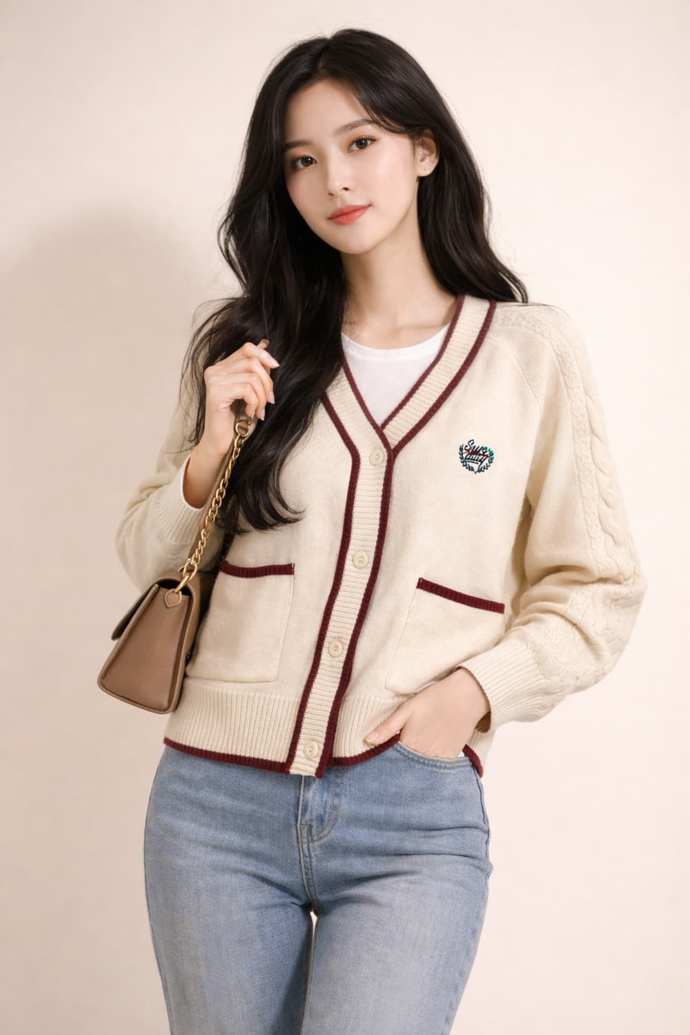 로맨틱크라운 케이블 배색 가디건 상품이미지1