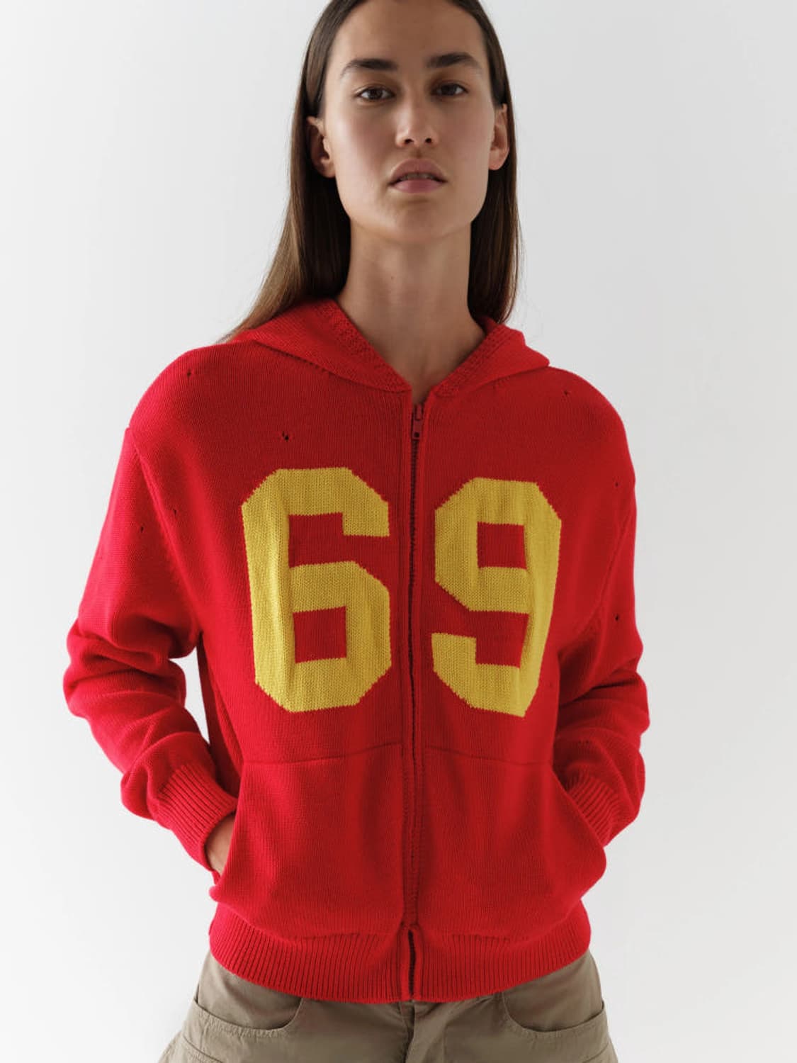 [XS,S,M]기마구아스 69 니트 후드 집업/레드 상품이미지2