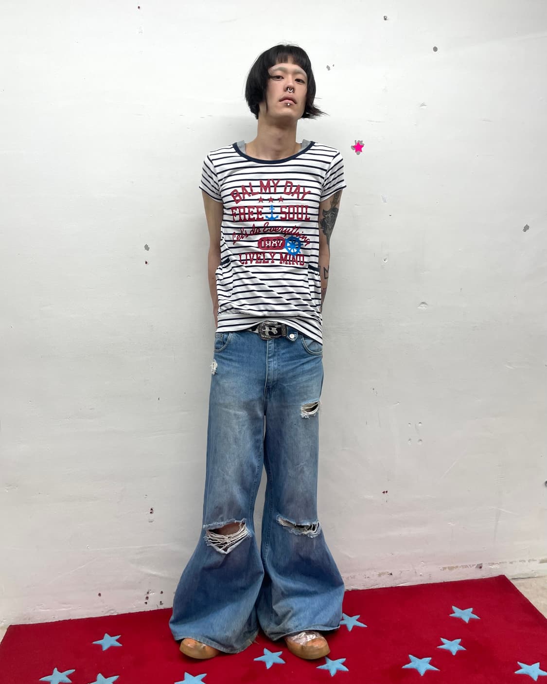 Stripe pocket gray shoulder T-shirt  상품이미지7