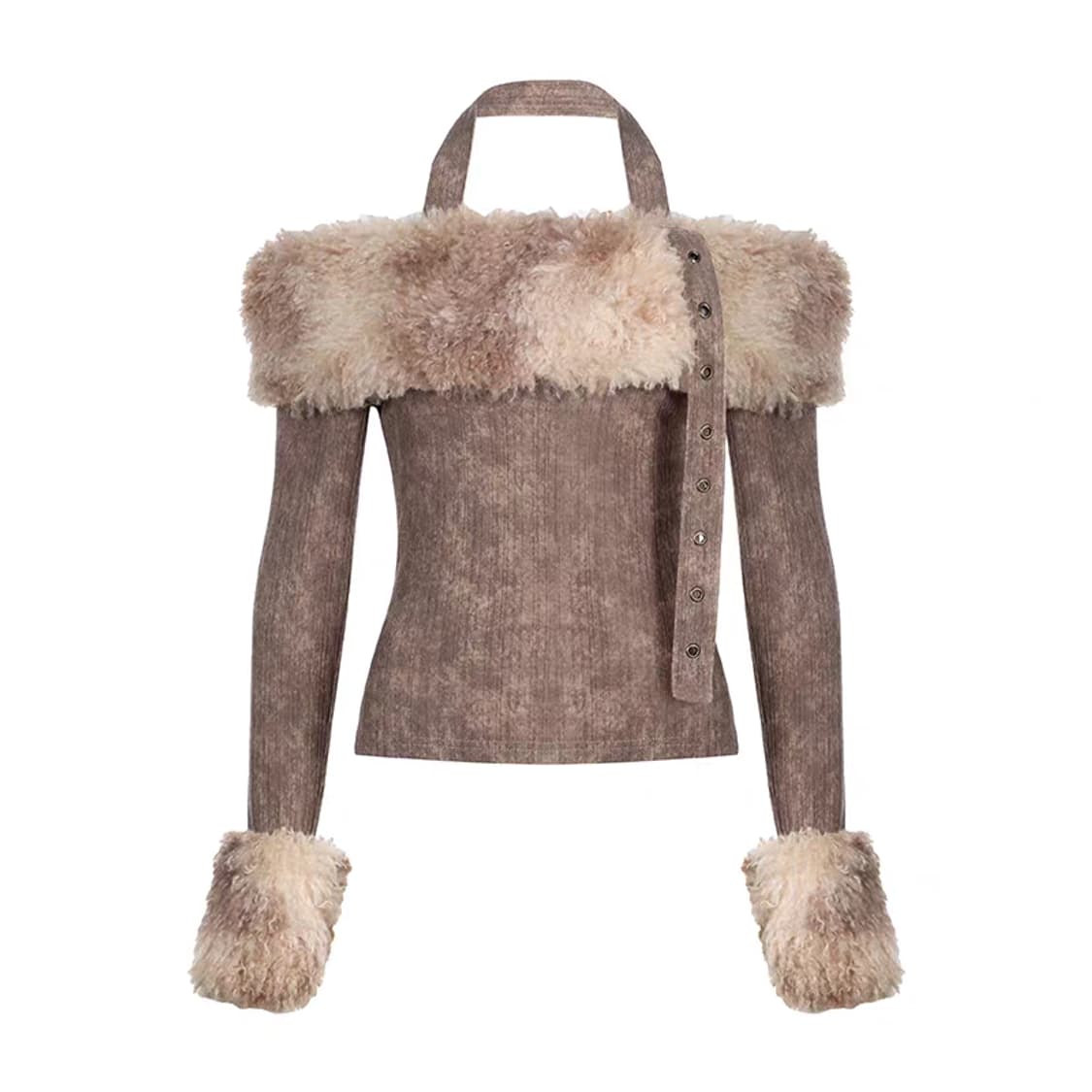 새상품) y2k 홀터넥 퍼 트리밍 오프숄더 티셔츠 상품이미지2