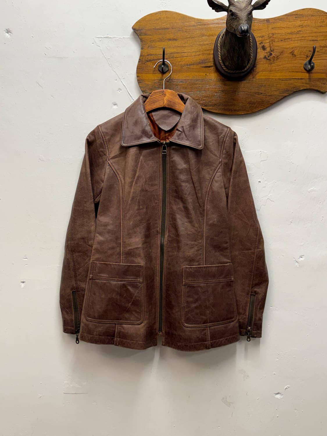 Vintage Sheepskin Leather Zip-Up Jacket 상품이미지1