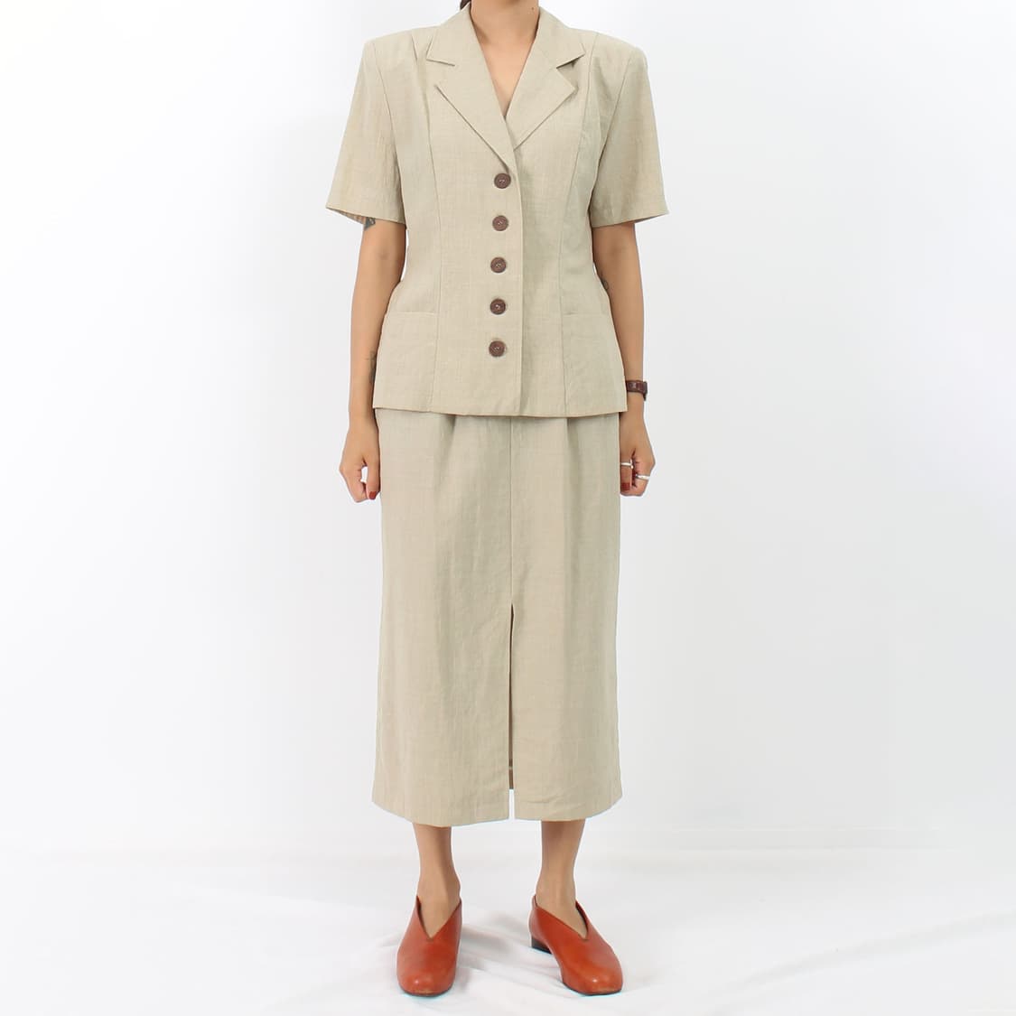 일본 빈티지 써머 울 반팔 자켓 롱 트임 스커트 셋업 상품이미지1