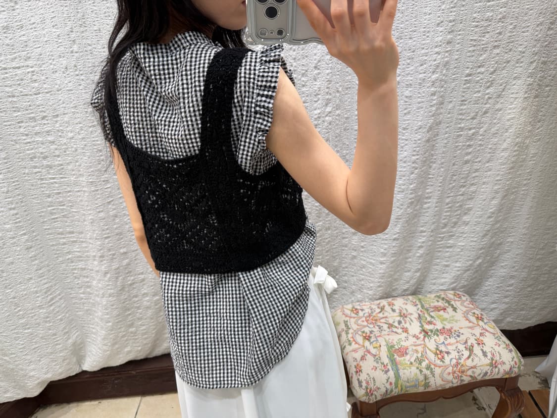 Check patterns frill blouse 상품이미지2