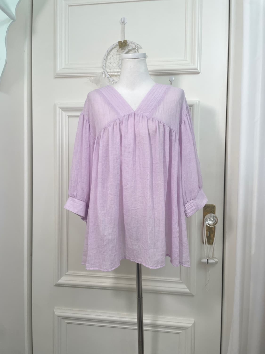 pink lavender cotton v-neck shirring ove 상품이미지1
