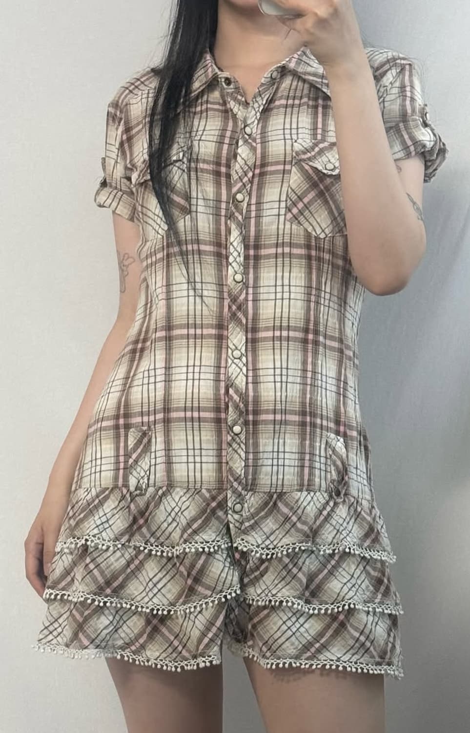 언샤픈빈티지 체크 셔츠 블라우스 원피스 레이어드 프릴 히메갸루 라떼갸루 상품이미지1