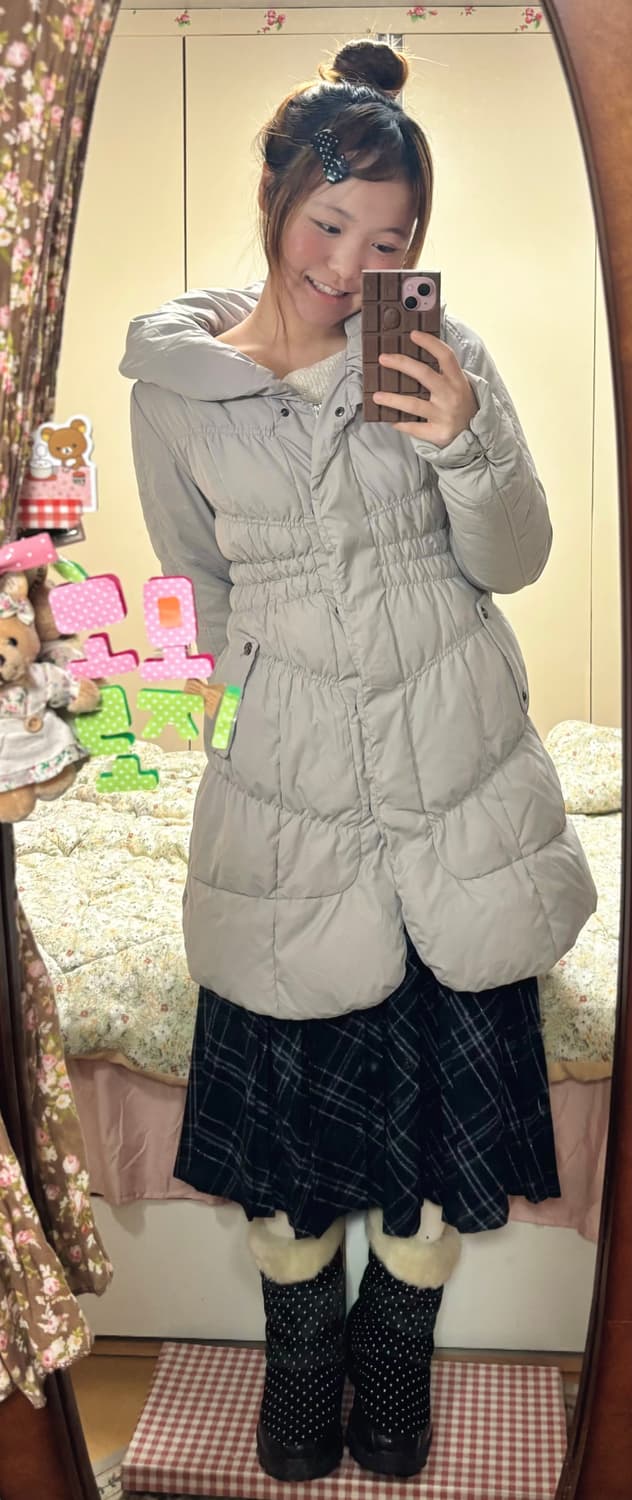 오프숄더 리본 니트 + 체크 스커트 러블리 패딩 세트 상품이미지3