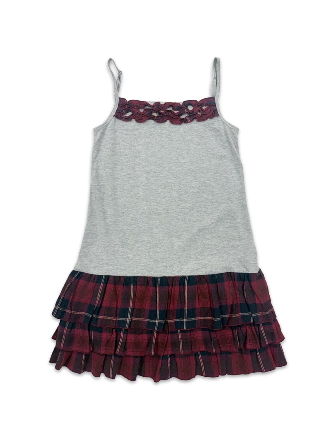 빈티지 Olive Des Olive 그레이 레드 프릴레이어드 슬리브리스 상품이미지1