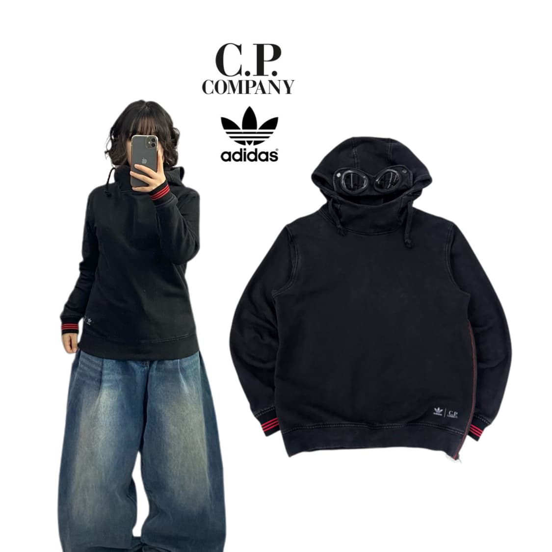 CP컴퍼니 X 아디다스 고글 후드티 블랙 상품이미지1
