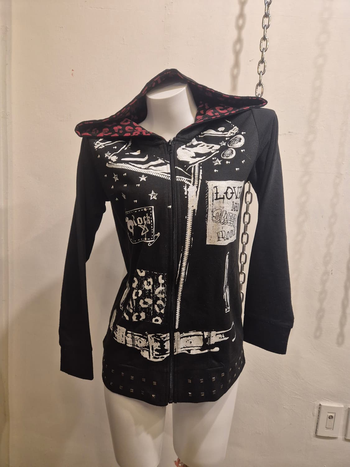 레드 레오파드 후드 스터드 블랙 후드 집업 펑크 갸루 상품이미지1