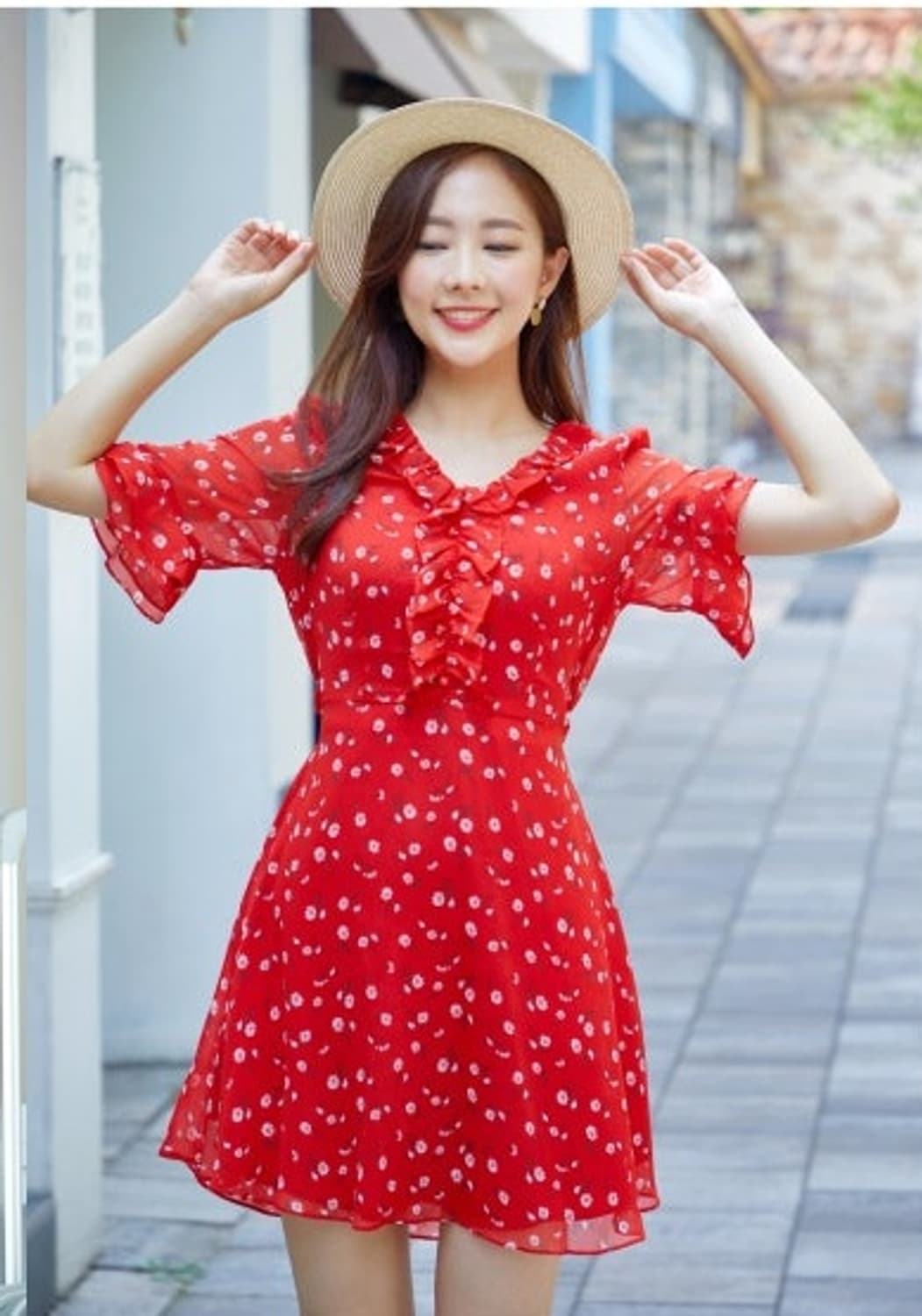 로엠 플라워 프릴쉬폰 미니원피스 66 레드 상품이미지1