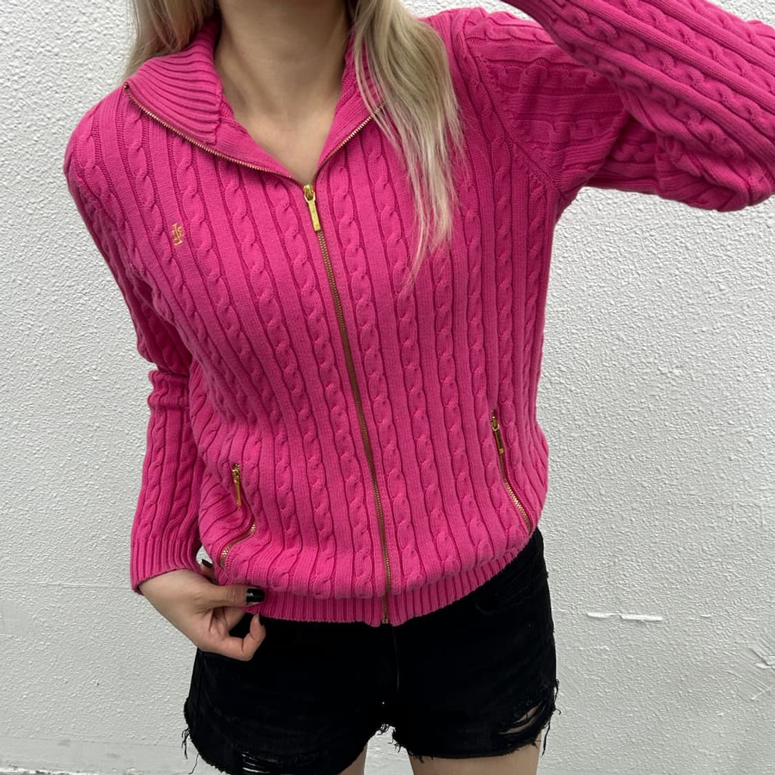 폴로 랄프로렌 골드로고 핫핑크 니트집업 M 상품이미지1