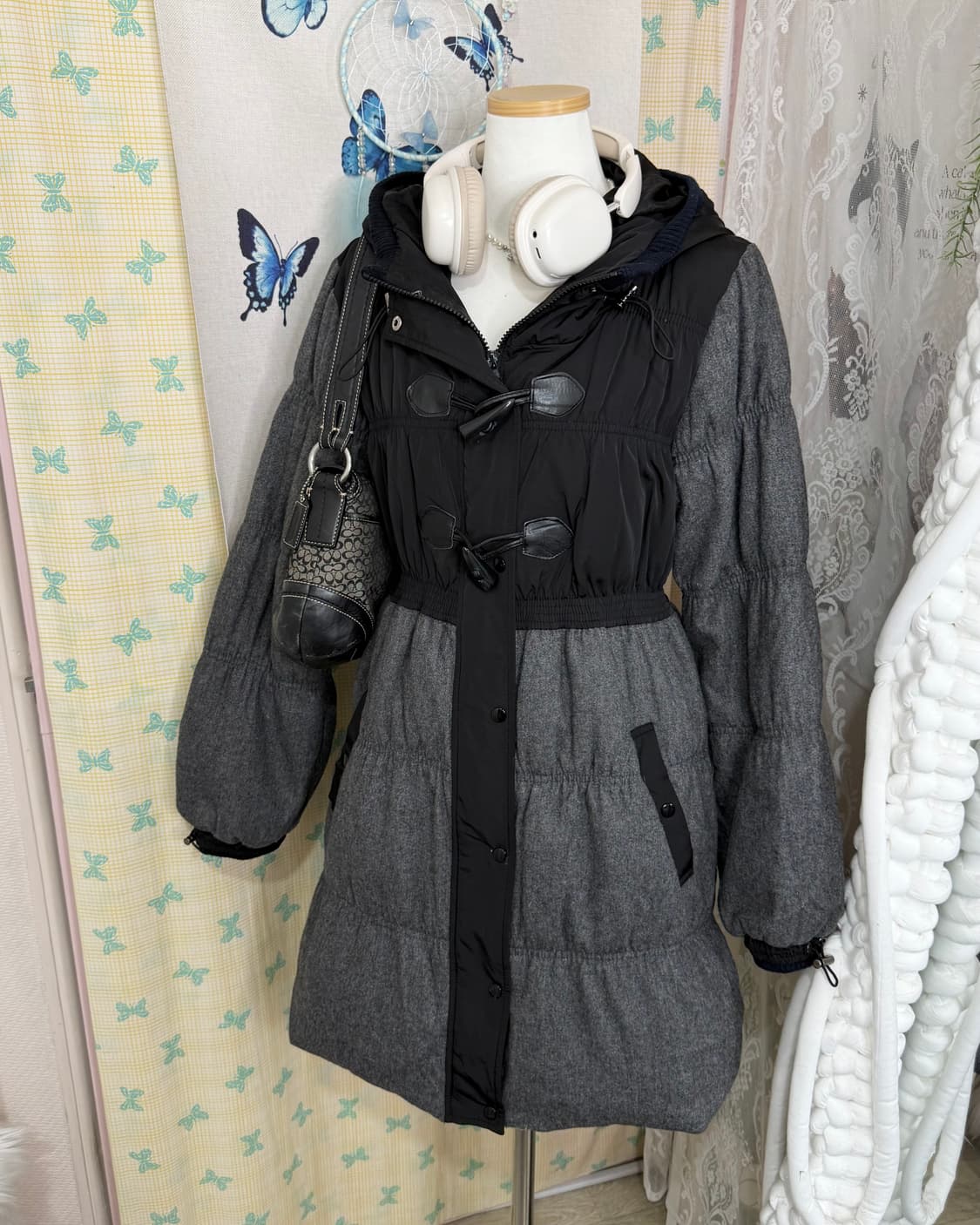 블랙 & 그레이 후드 더플 패딩 자켓 상품이미지5