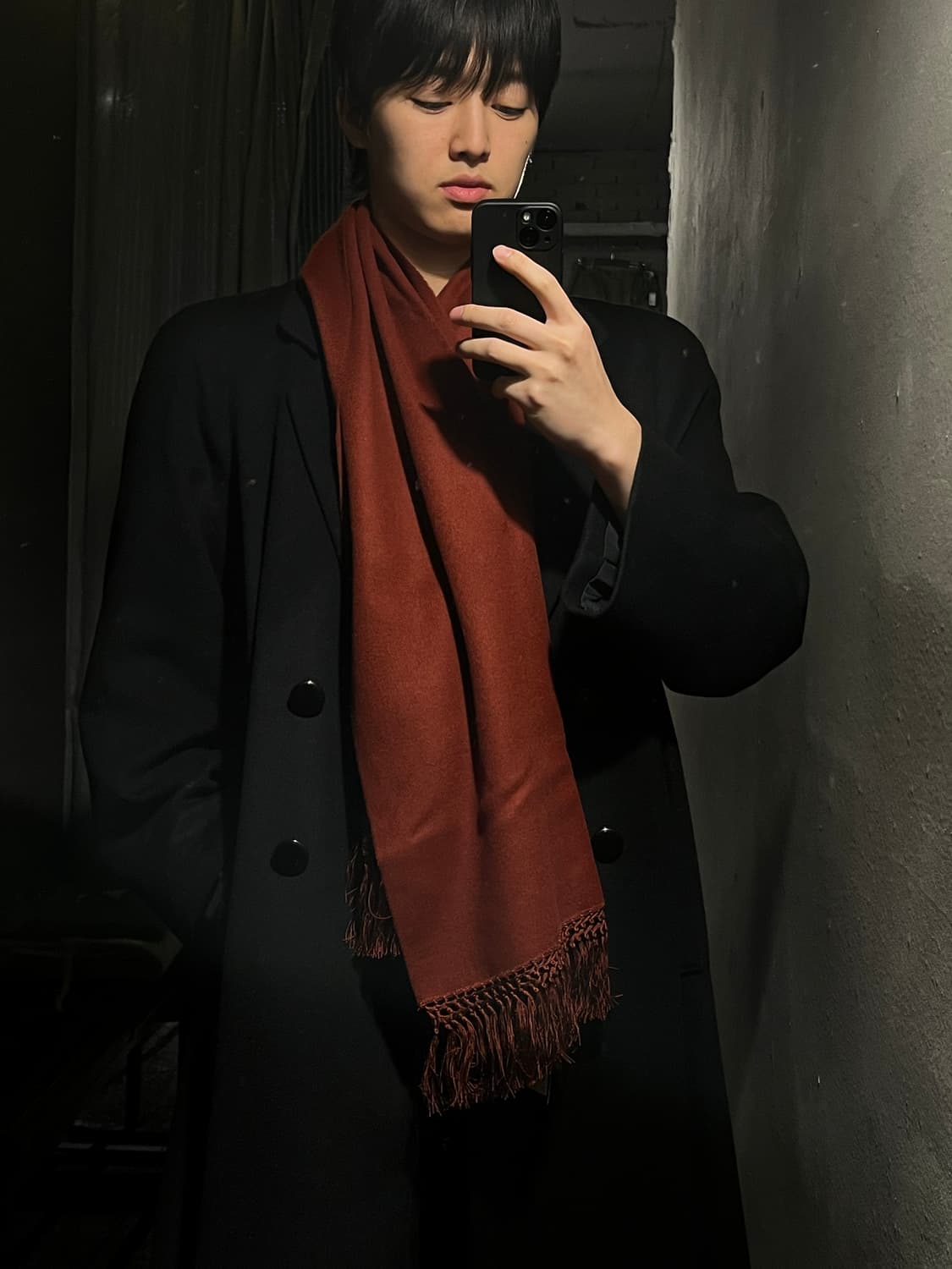 빈티지 버건디 레드 캐시미어 100 심플 테슬 머플러 목도리 상품이미지1