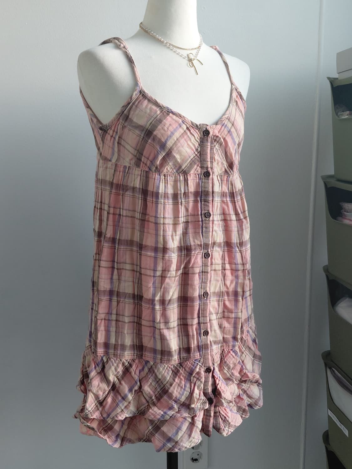 [빈티지] 체크 끈 원피스 핑크 퍼플 프릴 상품이미지1