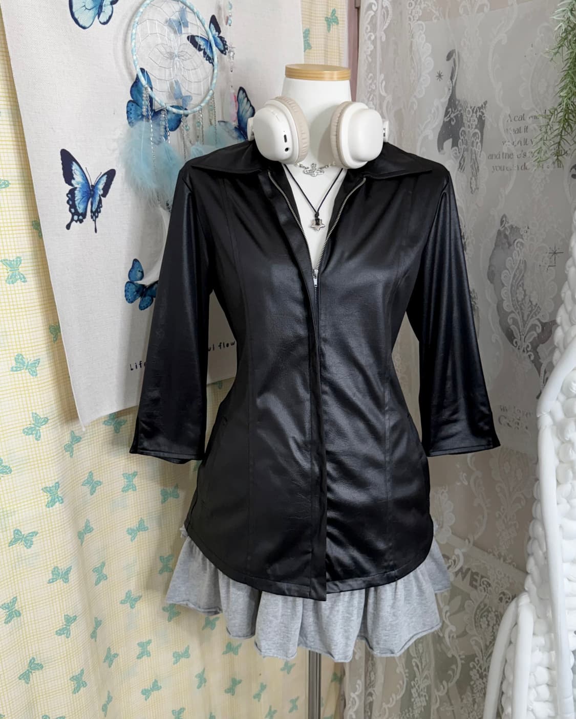 블랙 레더 무드 집업 셔츠 상품이미지5